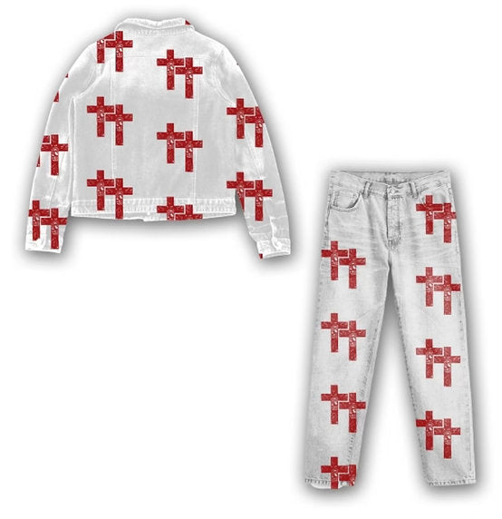 Cote Denims - White w/ Red Cross