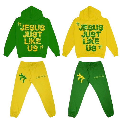 Jesus Just Like Us Sweatsuit Flare Pants - Yellow & Green