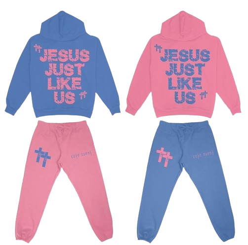 Jesus Just Like Us Sweatsuit Flare Pants - Pink & Sky Blue